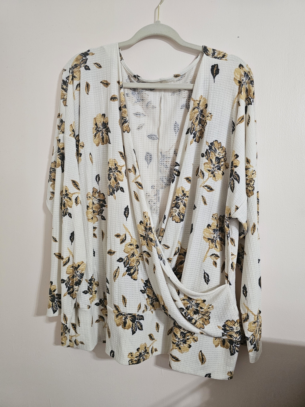 Maurices 2X Cream Faux Wrap-Front Floral Long Sleeve Thermal Top - Yellow Floral